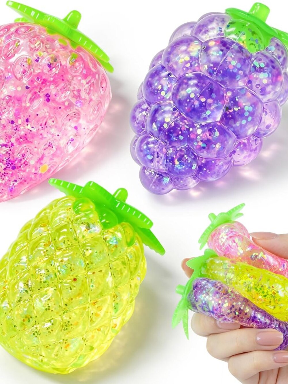 3 Pc Glitter Fruit Squishy Stress Ball Set